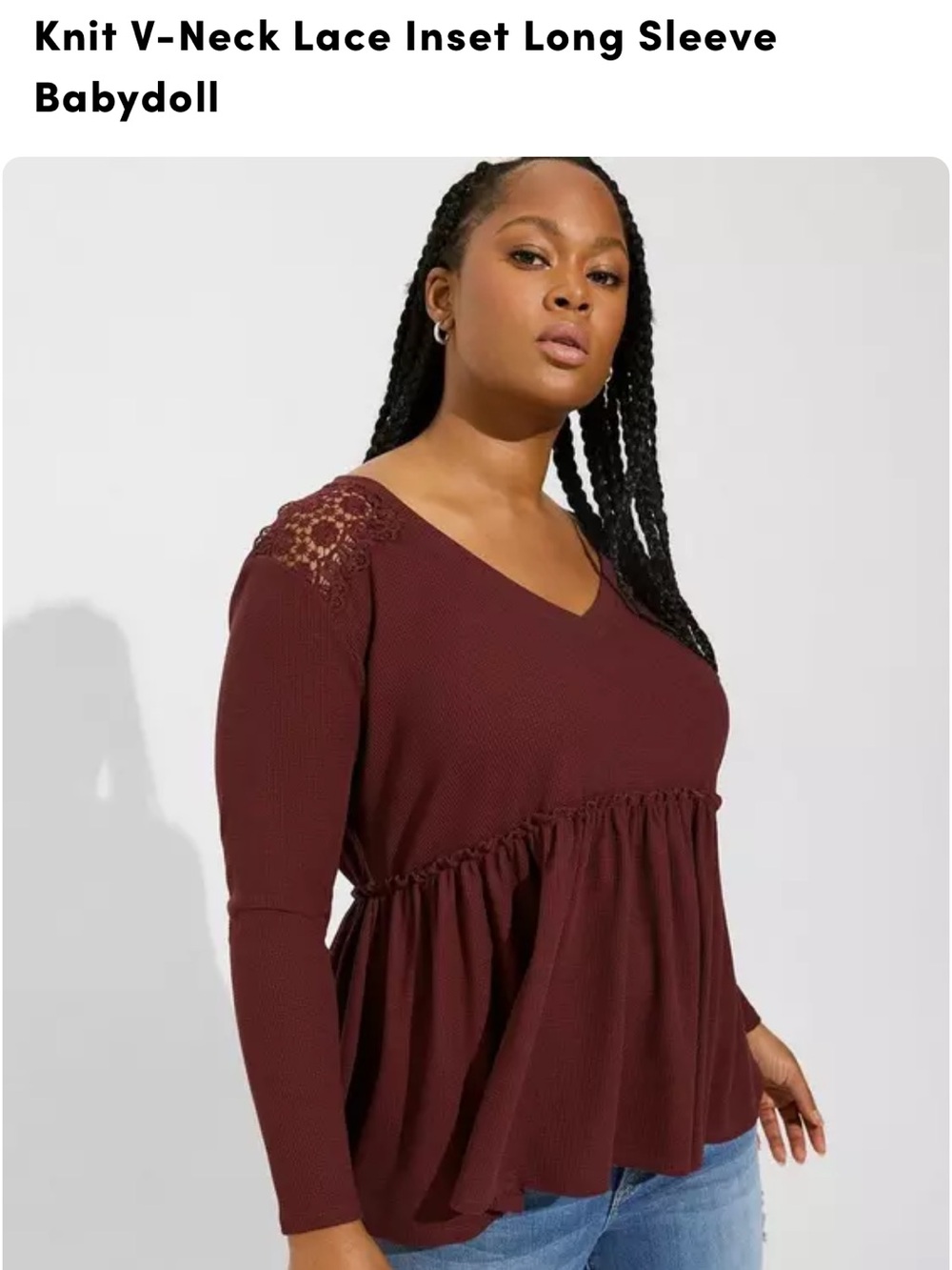 Knit V-Neck Lace Inset Babydoll Dress - Burgundy size 1